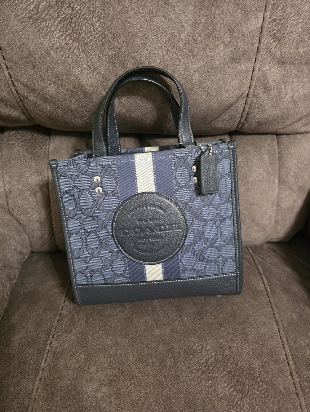 Coach Navy and Cream Stripe Signature Small Tote With Hang Tag